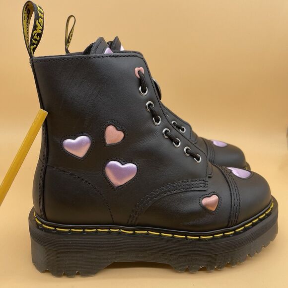 Dr. Martens Sinclair Heart Leather Satin Lux Platform Boots Women’s US 8 Black - Picture 12 of 16